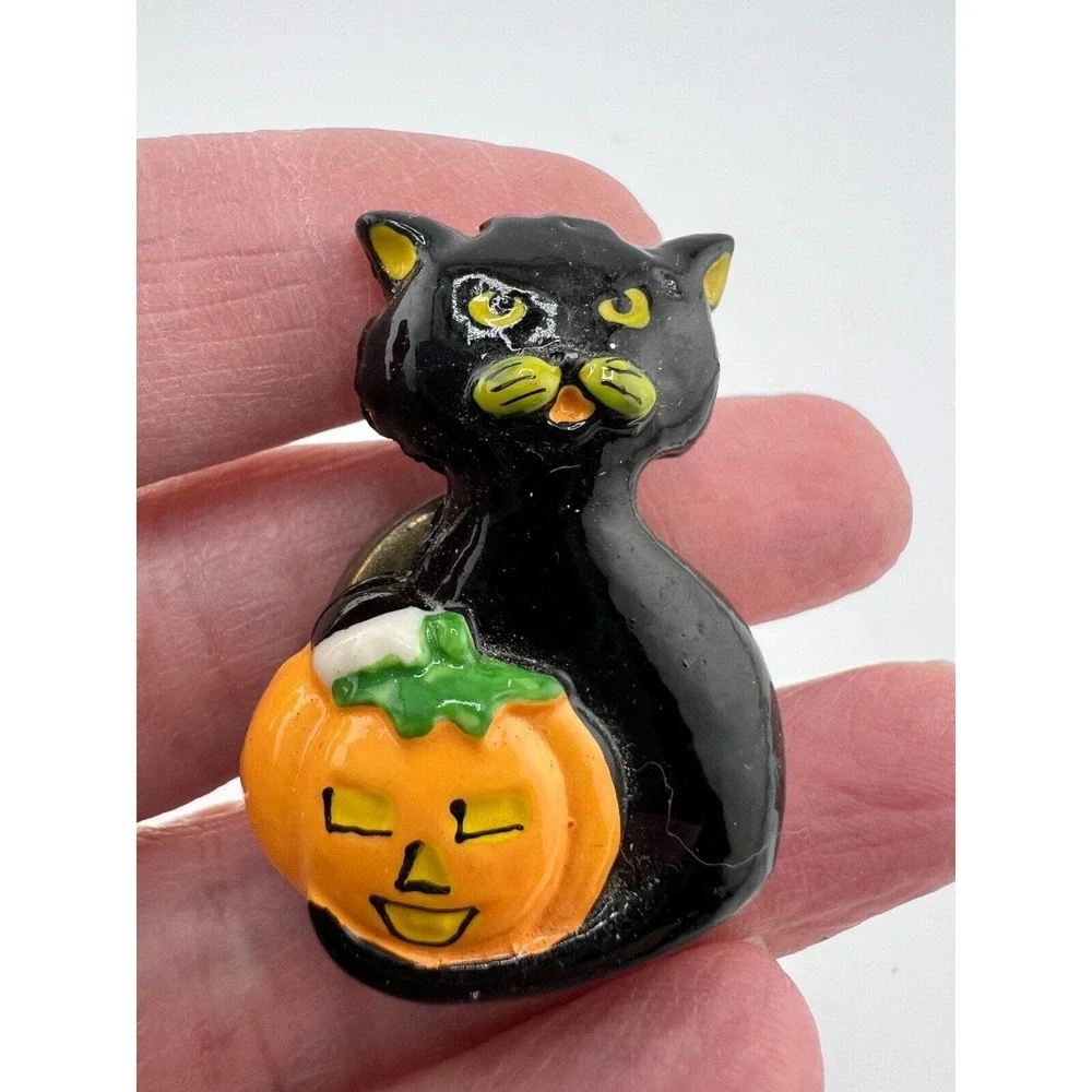 Vintage Black Cat And Pumpkin Novelty‎ Halloween Brooch Pin